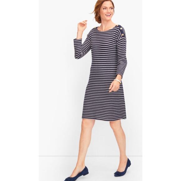 Talbots Women's Knit Sheath Dress Size MP Dark Navy Blue Striped - Picture 1 of 12